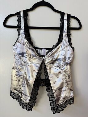 Dolce Verano Corset Satin Swan Lace-Trim Camisole Top in Ivory and Black size M